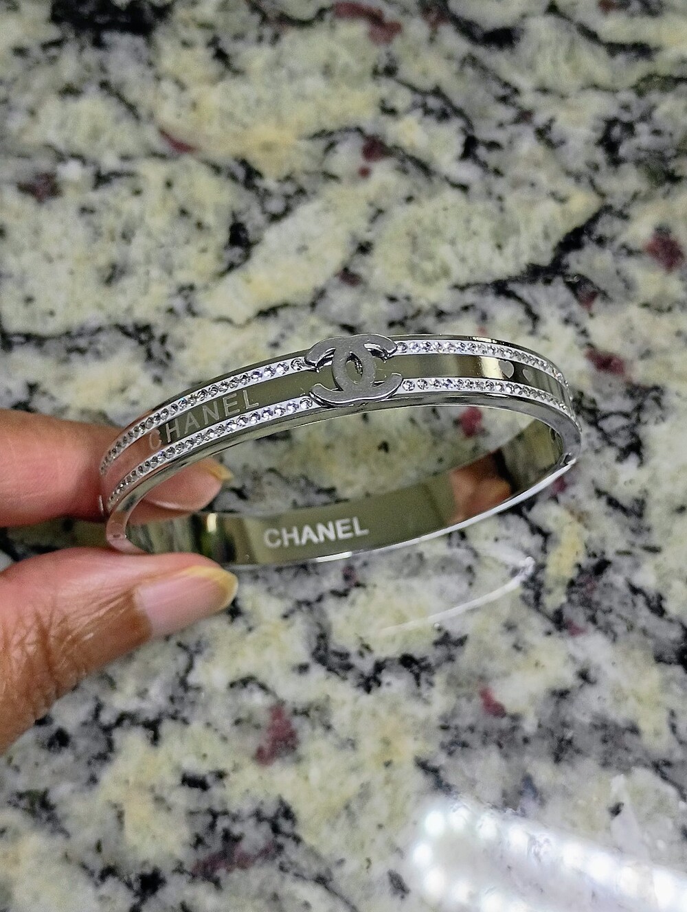 New Silver Tone Crystal Double-Row CC Logo Bangle Fashion Jewelry